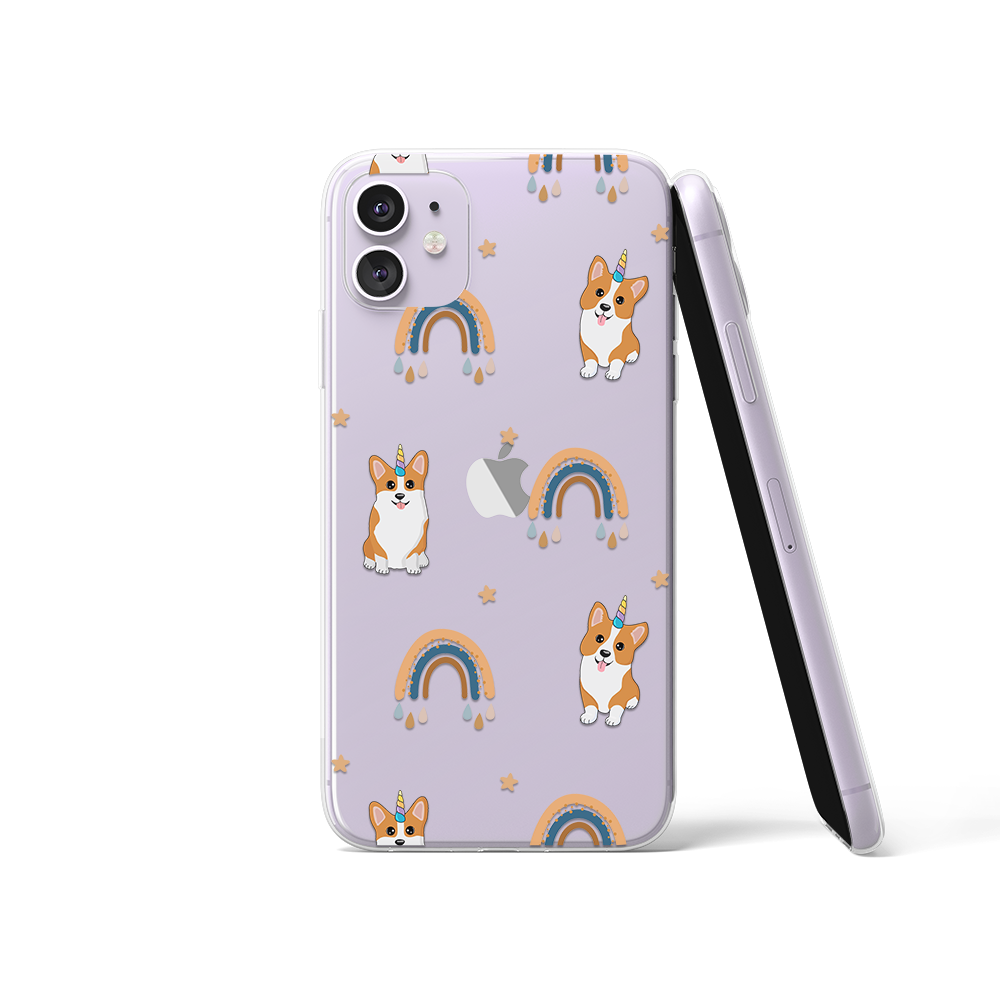 Purple iPhone with a clear case with a cute unicorn corgi design on top