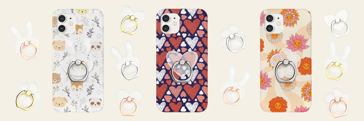 Heartbeat, Hoppy, and Petal Clear Phone Ring Holders in Gold, Silver, and Rose Gold on Furry Forest, Sketchy Love, and Far Out Phone Cases