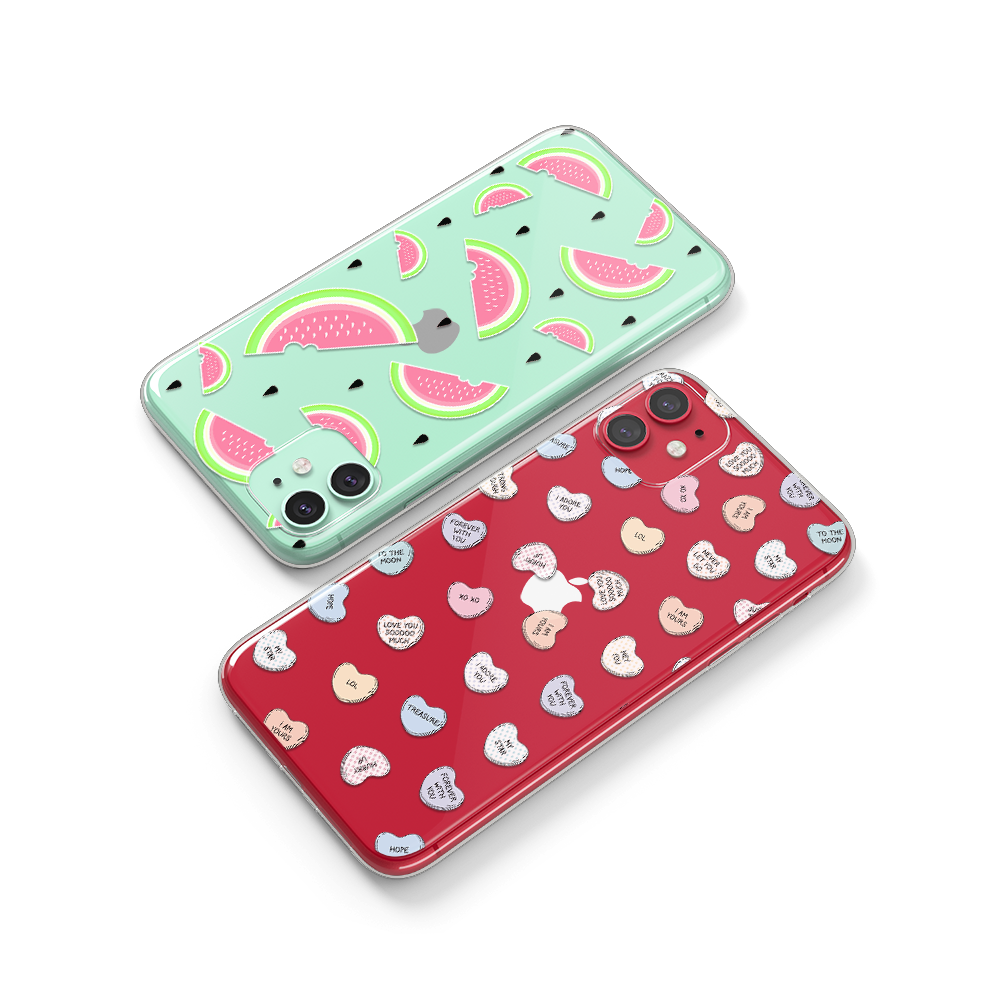 A mint iPhone with a clear case and that has a watermelon print and a red iPhone with a clear case that has a valentine heart candy print.