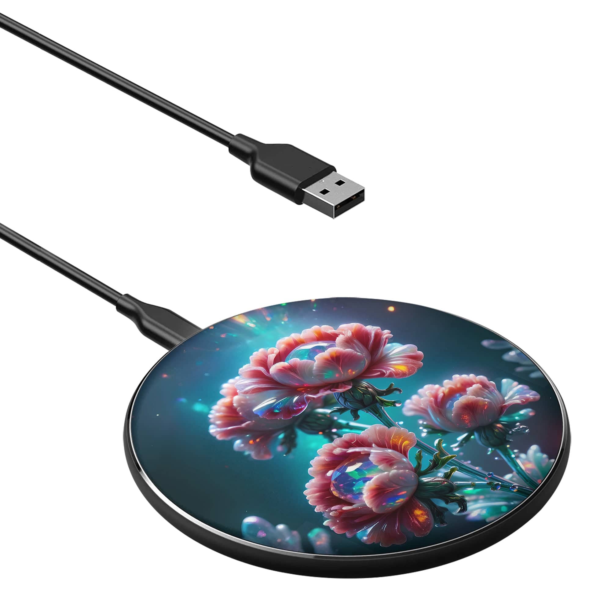 Exquisite Eruption | Crystal Flower Carnation Wireless Charger in Black