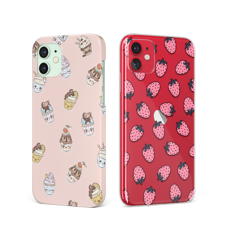 iPhones side by side. One iPhone is mint with a cute cupcake case. Other iPhone has a clear case with a cute strawberry pattern.
