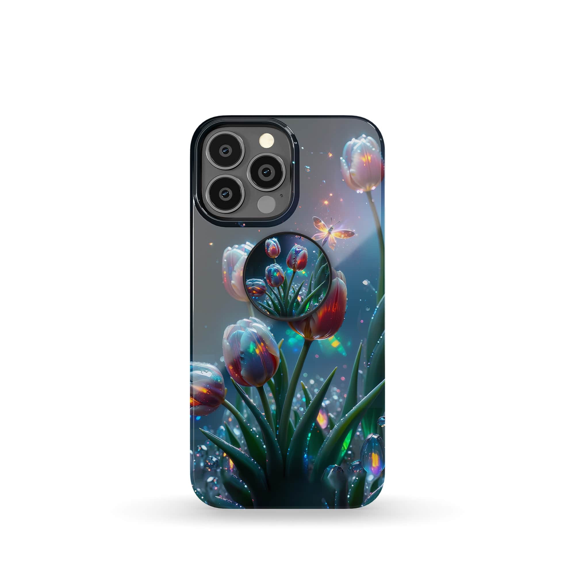 Gentle Twilight | Crystal Flower Tulip Foldable Phone Grip in Black