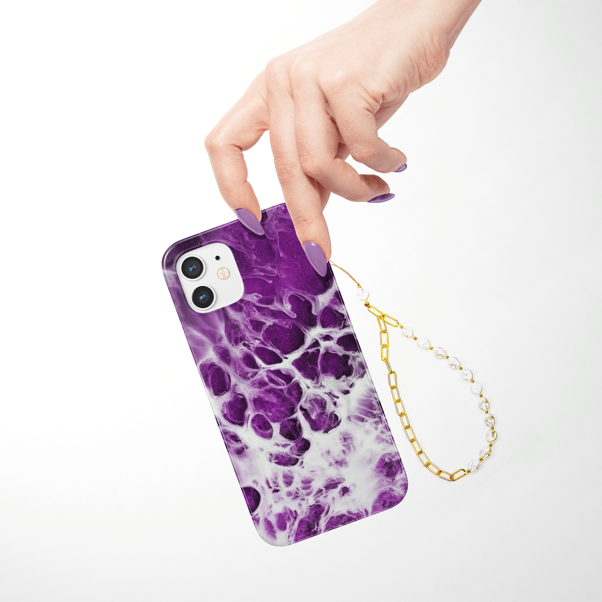 Golden Cascade Gold Coin Pearl Phone Charm on a Washed Up Phone Case