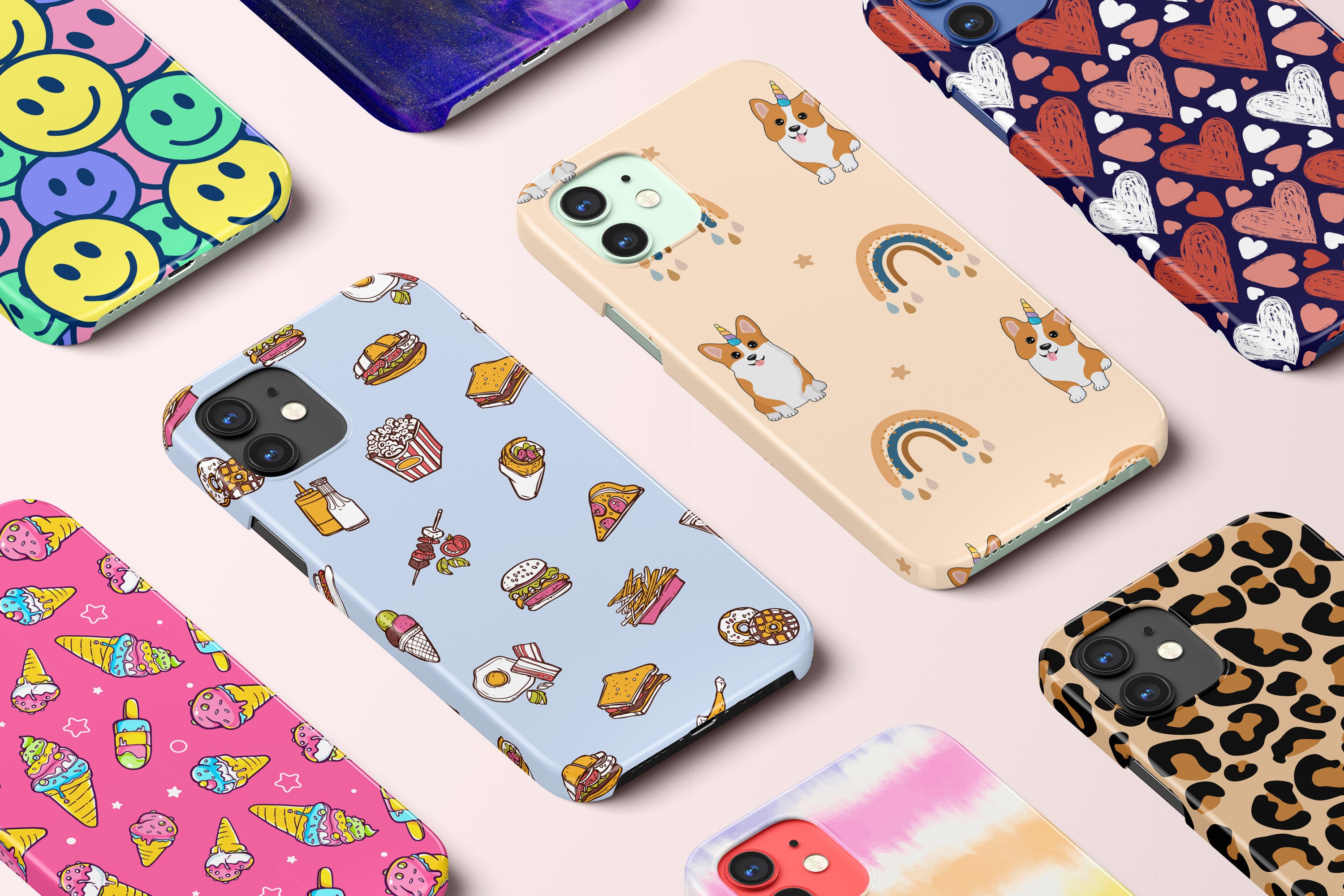 Collection of phones with cases showing many popular designs