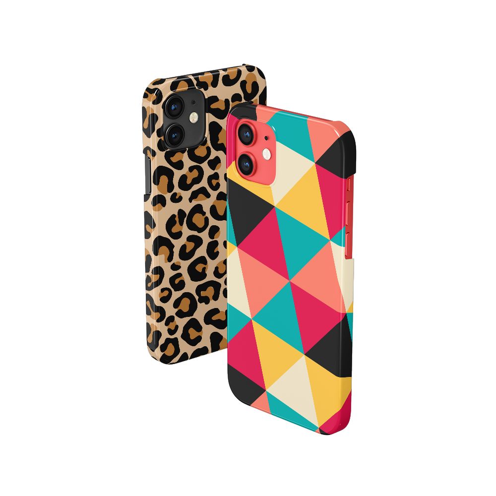 Two iPhones side by side. One with a case that has a triangular pattern with multiple colors. The other phone has a case with a leopard print. 