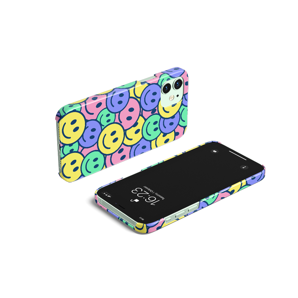 Mint iPhone with a happy face case design containing purple, pink, green, and yellow happy faces 