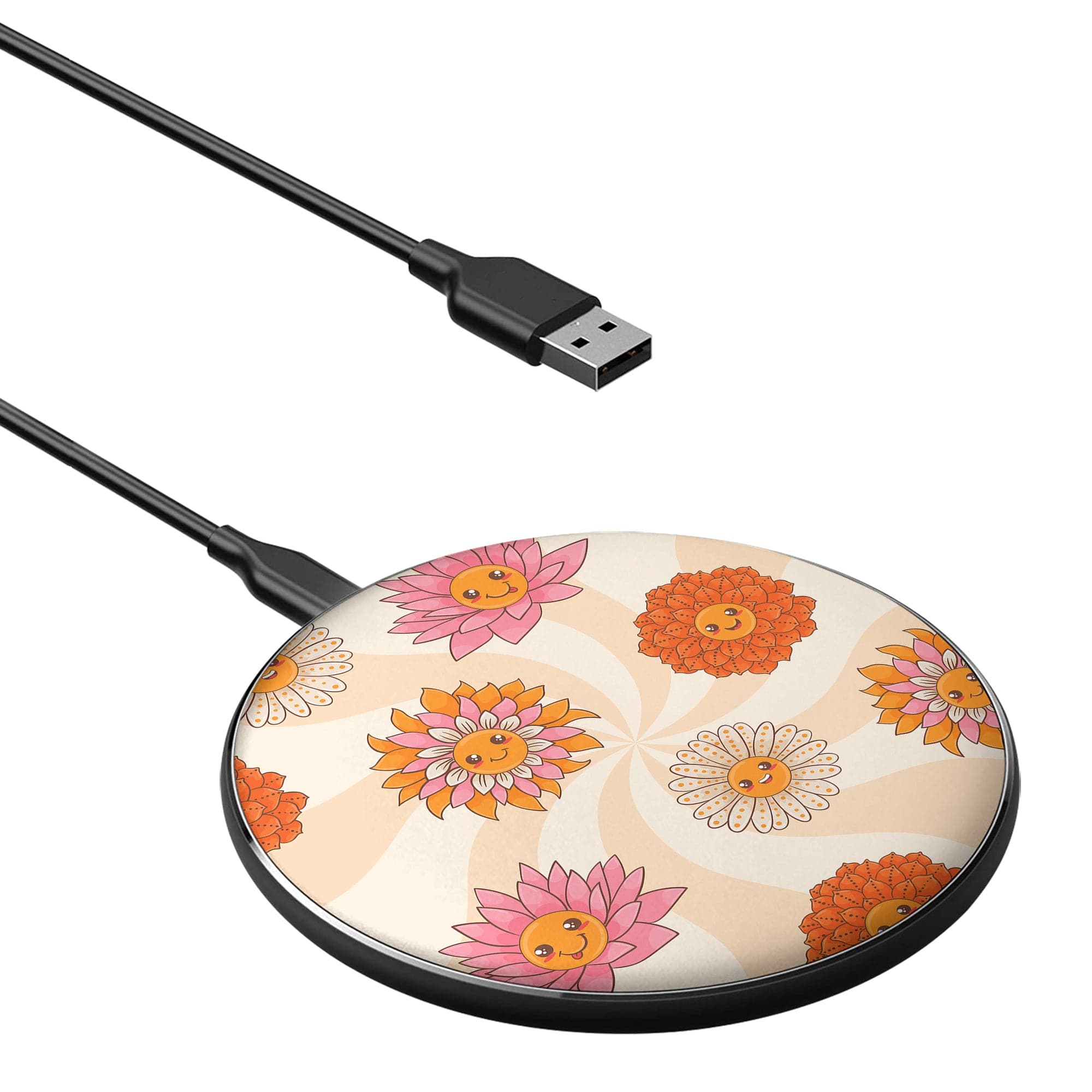 Far Out | Floral Smiley Face Wireless Charging Pad in Black