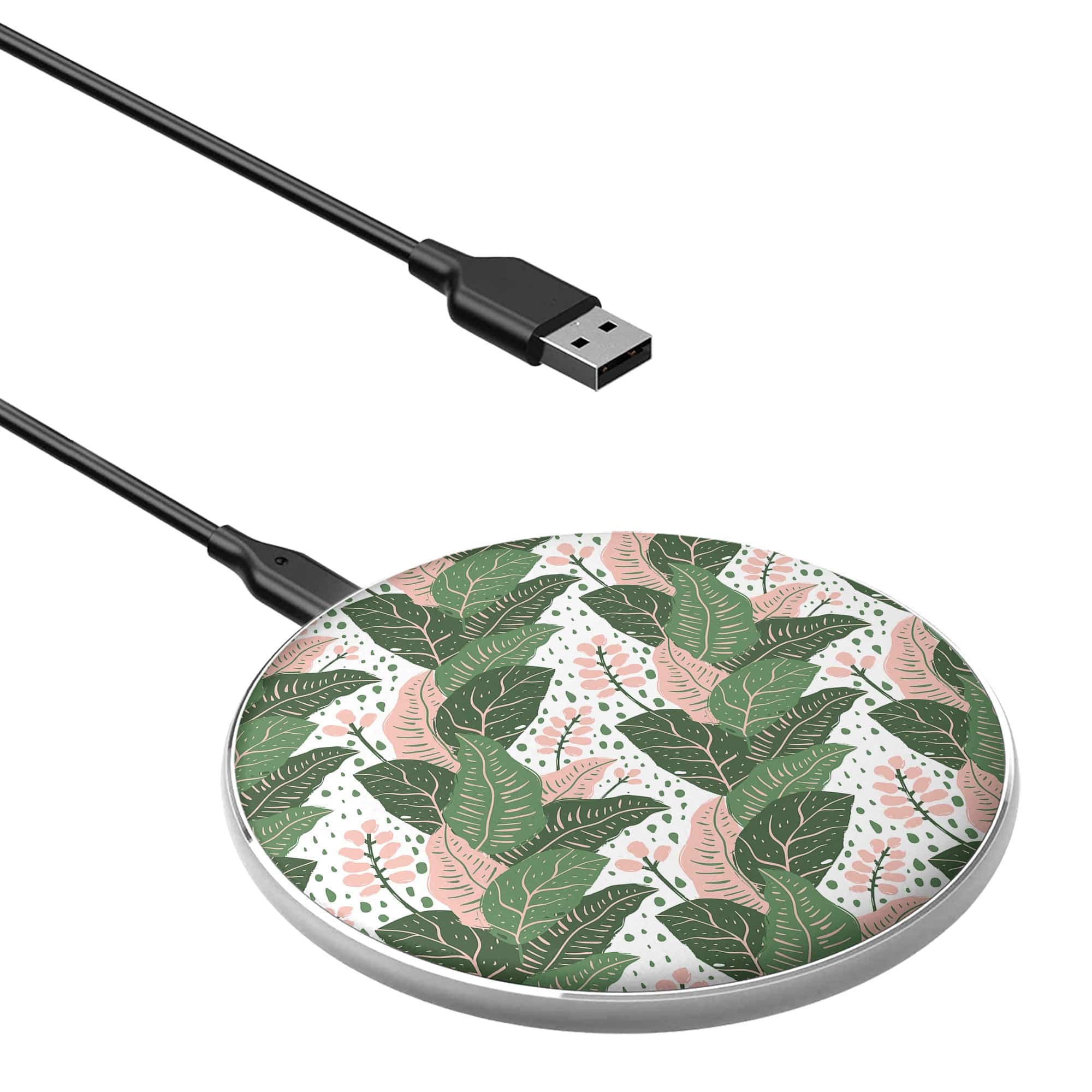 Laying in the Shade | Tropical Leaves Floral Wireless Charging Pad in Silver